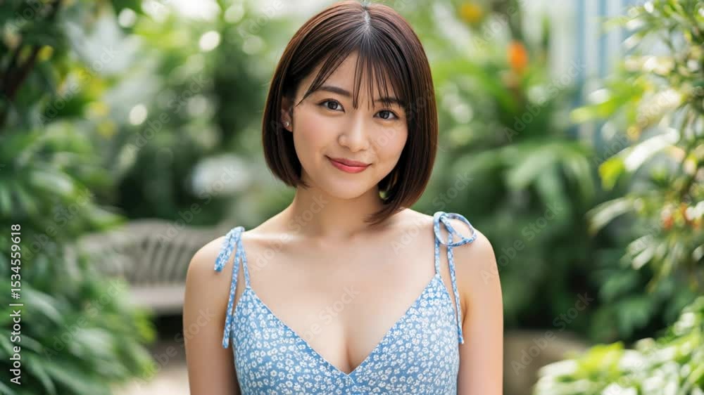 緑に囲まれた庭で微笑む日本人女性のナチュラルポートレート