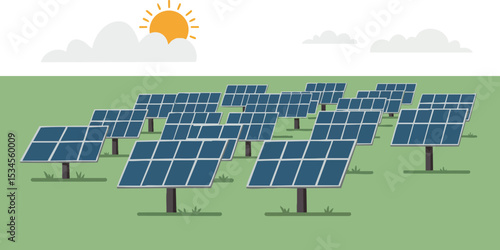 Solar panel field with sun and green landscape renewable energy concept vector illustration 