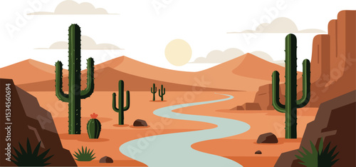 Desert landscape with river and cacti in arid mountain terrain natural scenery 
