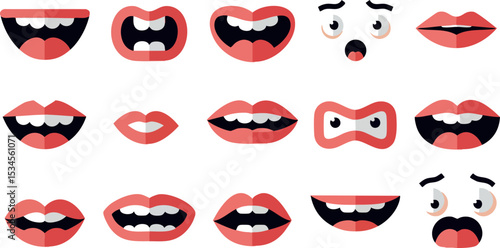 Mouth expressions vector set with lips and teeth showing various emotions in red and black colors 