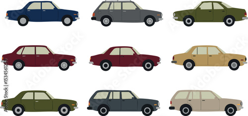 Retro style vintage car collection in various colors vector illustration set 