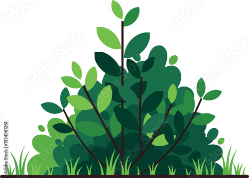 Green leafy bush with fresh grass ground vector illustration in nature scene 
