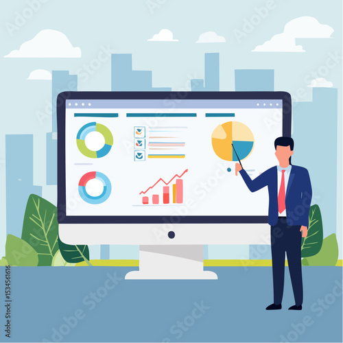 Online presentation webinar, conference or online seminar, consultation or data analyzing meeting, business discussion, financial expertise concept, businessman on computer screen presenting dat
