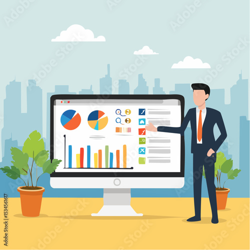 Online presentation webinar, conference or online seminar, consultation or data analyzing meeting, business discussion, financial expertise concept, businessman on computer screen presenting dat