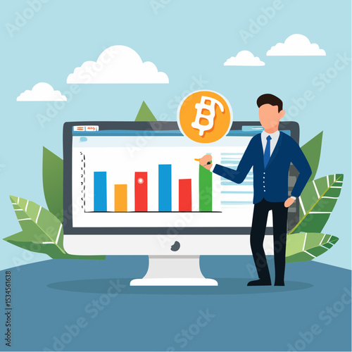 Online presentation webinar, conference or online seminar, consultation or data analyzing meeting, business discussion, financial expertise concept, businessman on computer screen presenting dat