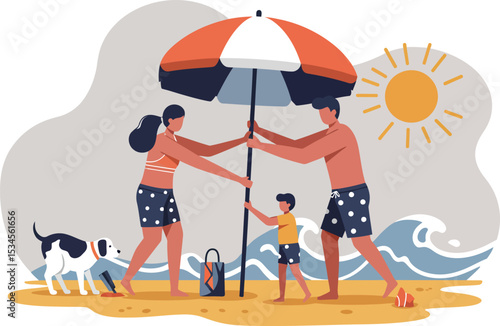 Family enjoying beach day with umbrella sun and dog in summer vacation vector illustration 