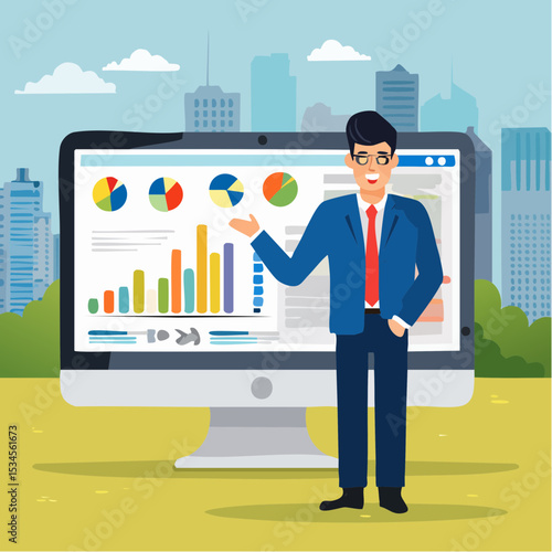 Online presentation webinar, conference or online seminar, consultation or data analyzing meeting, business discussion, financial expertise concept, businessman on computer screen presenting dat