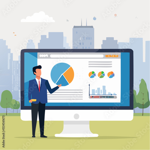 Online presentation webinar, conference or online seminar, consultation or data analyzing meeting, business discussion, financial expertise concept, businessman on computer screen presenting dat