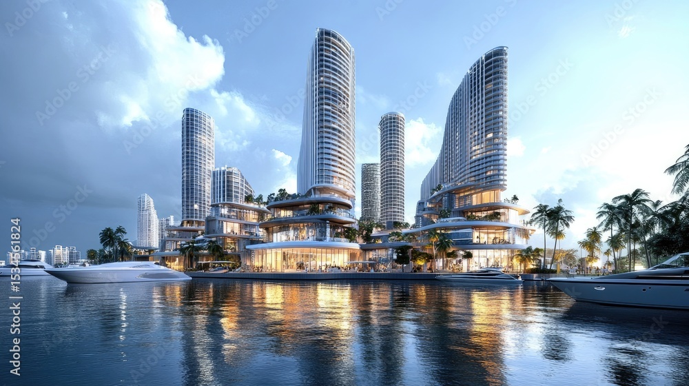 Obraz premium Modern waterfront skyline with futuristic architecture and luxury yachts at dusk reflecting in serene water