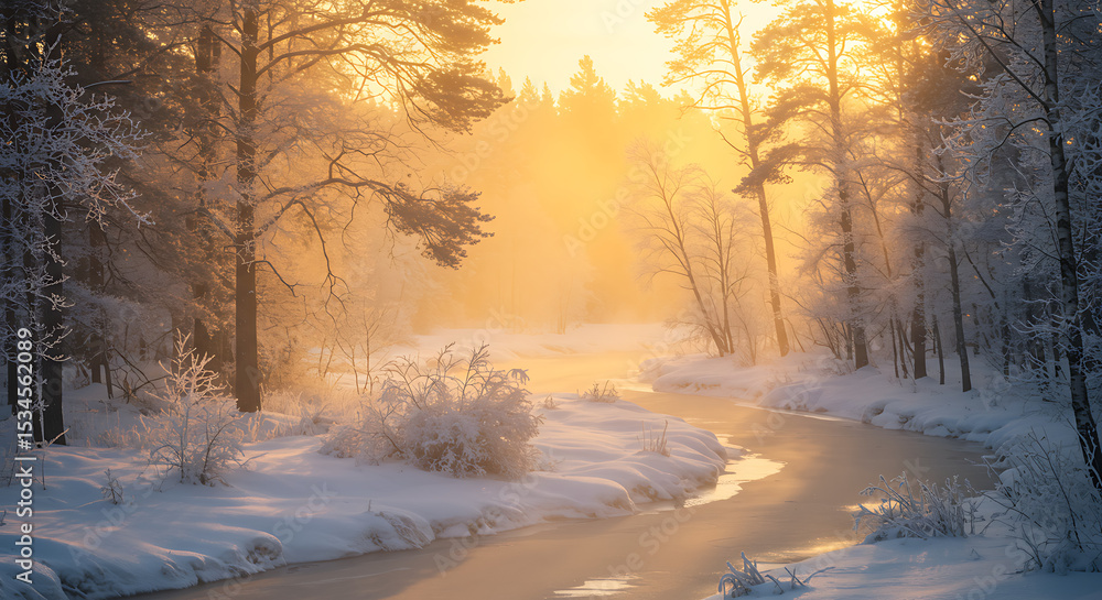 Snowy Forest at Sunrise with Frozen River Snowy Forest at Sunrise with Frozen River