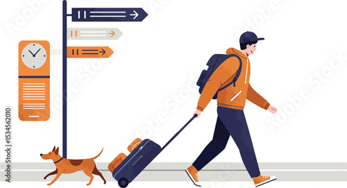 Man walking with suitcase and dog near signpost and clock in urban setting travel concept vector illustration 