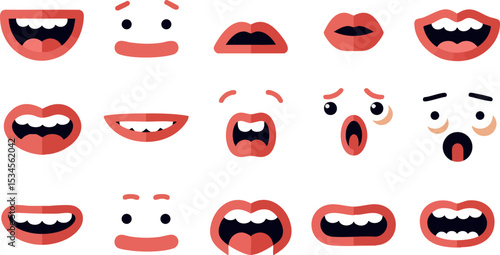 Cartoon mouth expressions vector set with various emotions and open lips illustrations 