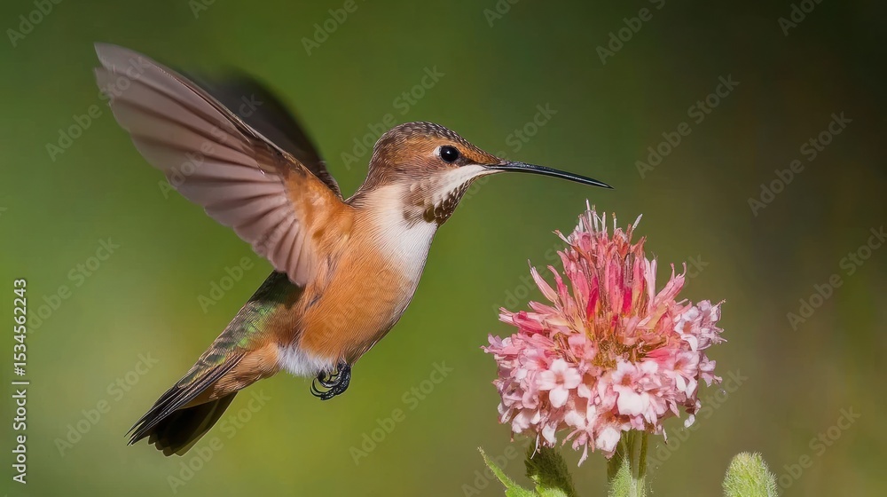 Naklejka premium Hummingbird in flight near flower