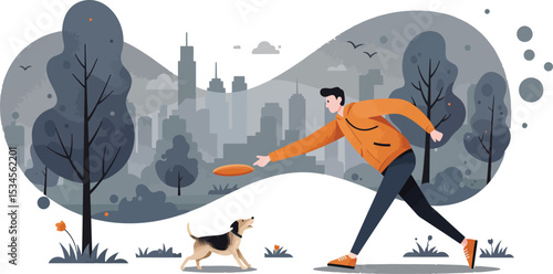 Man in orange jacket playing frisbee with dog in urban park landscape with city skyline background vector illustration 