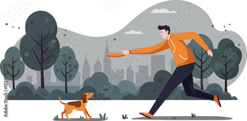 Man playing fetch with dog in city park with trees and urban skyline background vector illustration 