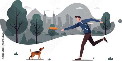 Man playing frisbee with dog in park with city skyline background vector illustration 