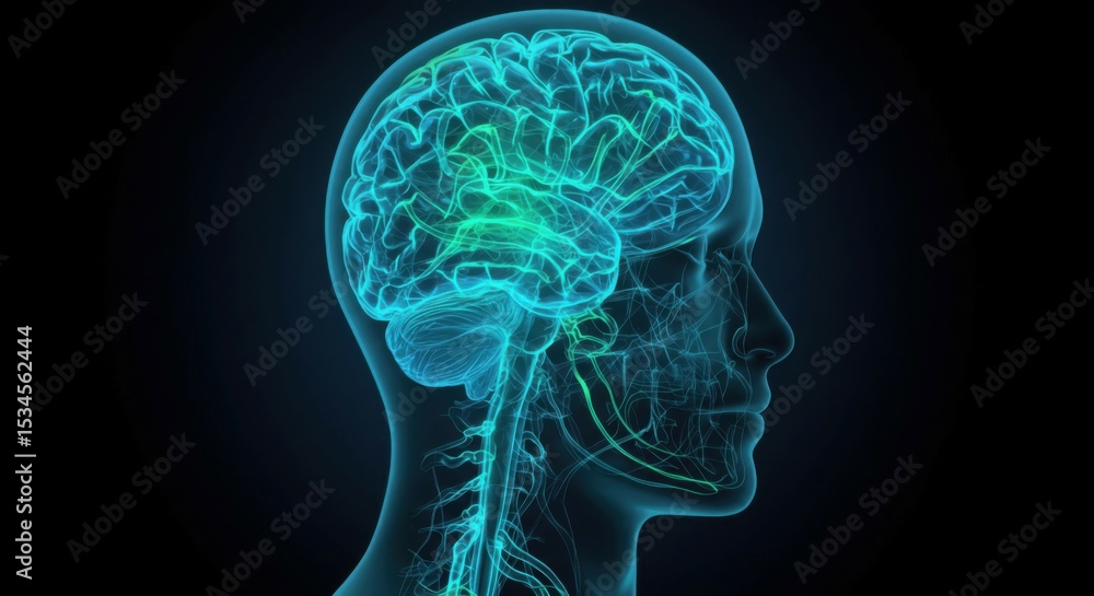An artistic digital visualization of a human head with bright neural connections, highlighting the intricate brain and nervous system structure. Health and medical theme An artistic digital visualization of a human head with bright neural connections, highlighting the intricate brain and nervous system structure. Health and medical theme