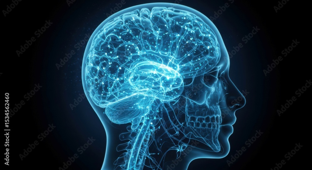 Human head digital art featuring glowing neural pathways, illustrating the intricate nervous system and brain function in a health context. Human head digital art featuring glowing neural pathways, illustrating the intricate nervous system and brain function in a health context.