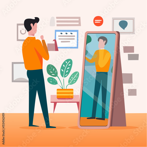Self awareness, aware of different aspect of self, behaviors and feelings, psychology state of oneself becomes focus of attention, businessman found himself from mirror thinking about self awarenes