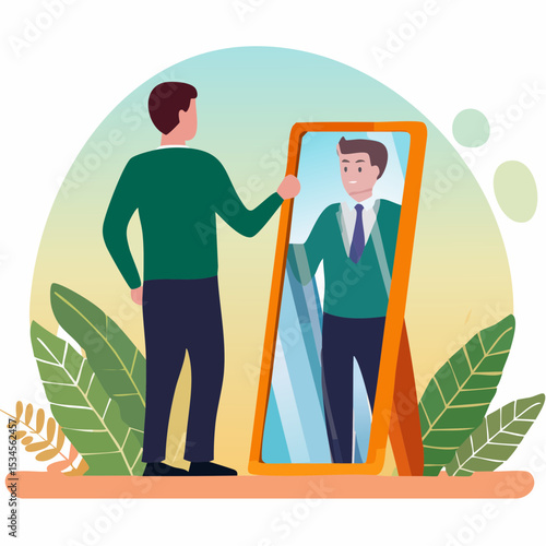 Self awareness, aware of different aspect of self, behaviors and feelings, psychology state of oneself becomes focus of attention, businessman found himself from mirror thinking about self awarenes