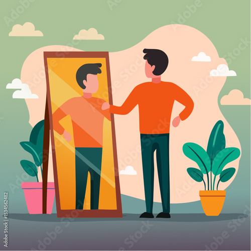 Self awareness, aware of different aspect of self, behaviors and feelings, psychology state of oneself becomes focus of attention, businessman found himself from mirror thinking about self awarenes