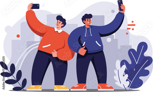 Two young men taking selfies with smartphones in casual clothes outdoor scene vector illustration 