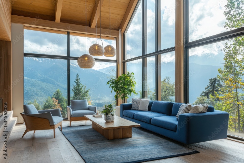 Fototapeta premium Modern living room with mountain views, blue sofa, wooden floors, exposed beams, and large windows for a warm minimalist feel
