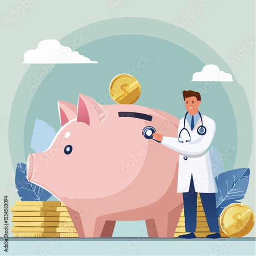 Financial check up, debt, budgeting, investment or saving analysis, wealth planning or money health check, risk or wealth preservation concept, doctor with stethoscope checking piggy bank savin