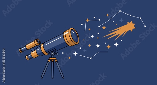 Telescope with constellation and comet illustration in dark blue background vector image 
