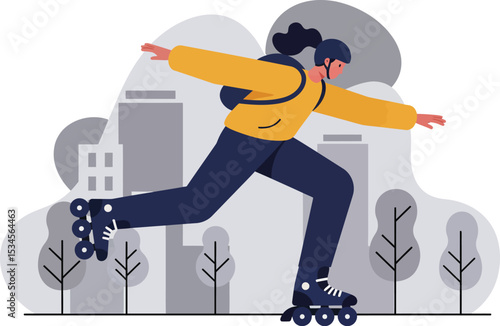 Young person rollerblading in urban park with grey trees and buildings background vector illustration 