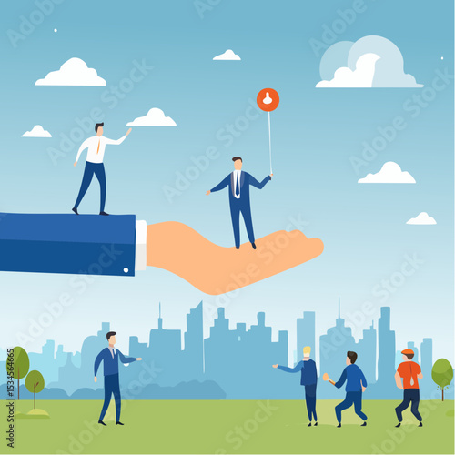 Support of help to solve problem, manager mentorship or coaching to help team success, leadership to guide employee to achieve goal concept, giant hand help business people cross the problem ga
