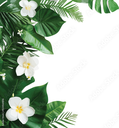 Tropical floral frame with white plumeria flowers and lush green foliage on white background