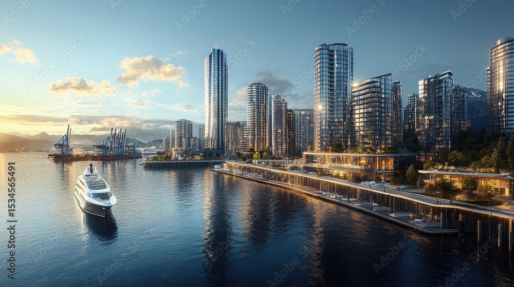 Fototapeta premium Modern waterfront city skyline with luxury yacht and high-rise buildings at sunset
