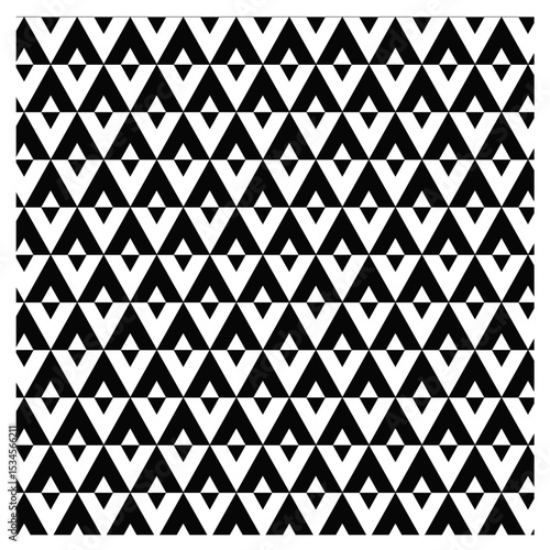 seamless geometric pattern with triangles, black and white geometric pattern, upward-pointing black triangles interspersed, rows of downward-pointing white triangles, zigzag or chevron effect,