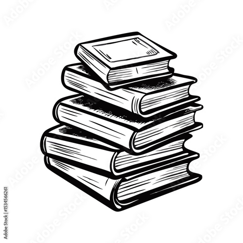 Tall stack of books hand-drawn in bold monochrome sketch style, black and white. Concept of education, literature, research, self-study and knowledge.