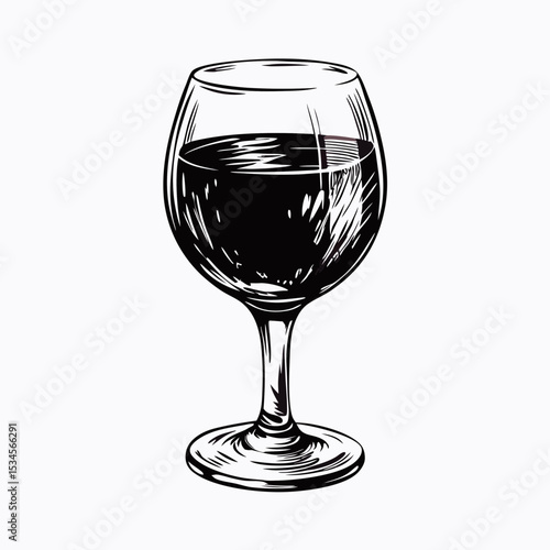 Wine glass filled with dark liquid, hand-drawn in elegant black and white sketch. Concept of dining, celebration, gourmet, sommelier or wine tasting event.
