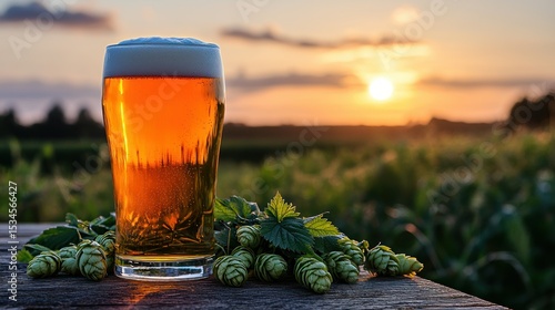 Beer on wood, hops, field and sunset