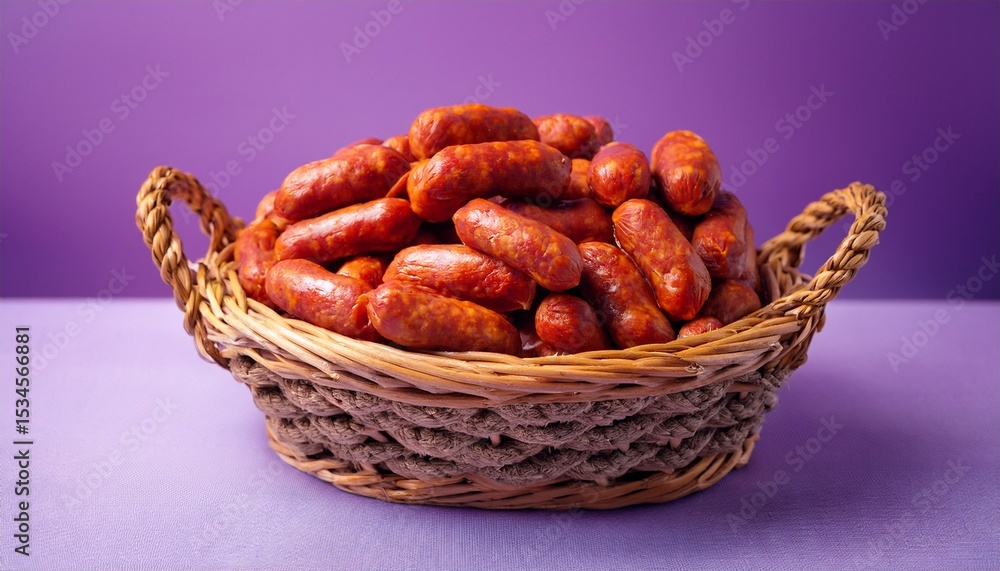 Fototapeta premium a rustic woven basket overflows with tantalizing freshly made chorizo links purple background
