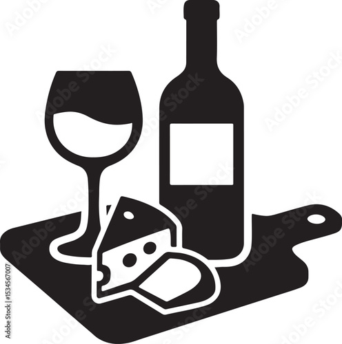 Silhouette vector of a wine and cheese board with bottle, glass, and snacks. Ideal for party, winery, or gourmet themes.