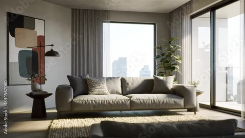 A modern living room featuring a gray sofa, abstract art, and a large window with natural light