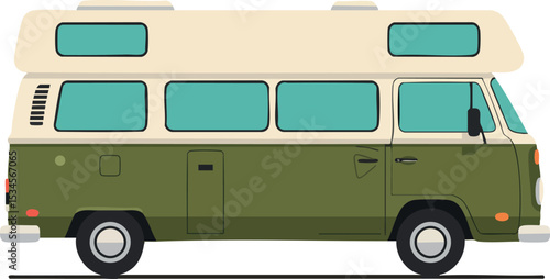 Vintage camper van side view olive green and cream colors retro travel vehicle 