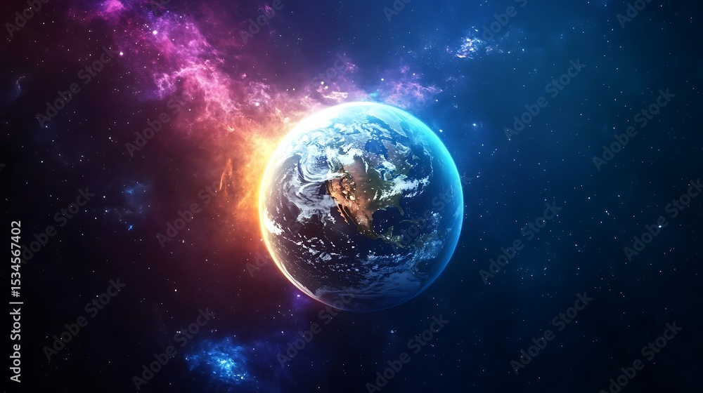 Obraz premium A vibrant earth globe surrounded by a colorful nebula and twinkling stars in deep outer space view