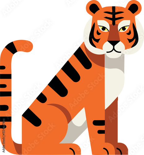 Tiger sitting with orange and black stripes simple flat vector illustration 