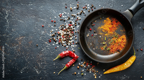 Spices Spread Around a Frying Pan on Textured Slate Surface with Vibrant Chili Peppers and Colorful Seasonings for Culinary Inspiration