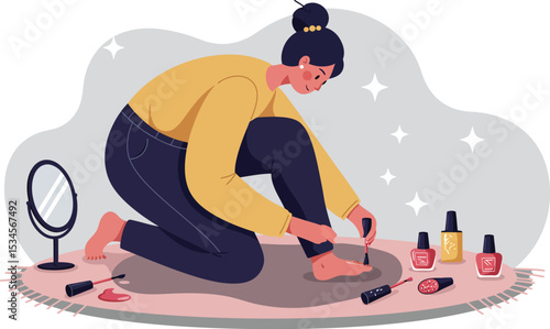 Woman sitting on floor putting on high heels with makeup items around in cozy scene vector illustration 