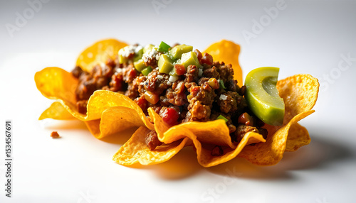 Crispy golden corn nachos topped with savory spiced ground beef and creamy fresh guacamole on a pristine white backdrop, glowing neon. isolated with white highlights