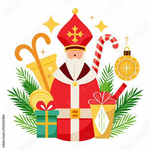 St. Nicholas Day Traditional Symbols Vector on White Background