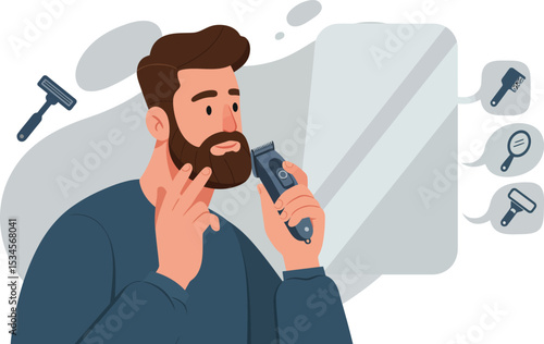 Man grooming beard with electric trimmer in front of mirror personal care daily routine vector illustration 