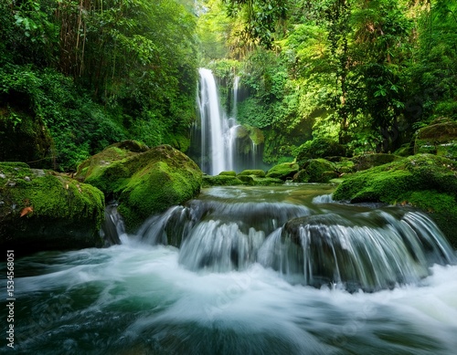beautiful waterfall with a lush green forest in the background the water is flowing down the rocks and creating a beautiful scene sustainable waterfall in lush forest promoting water sustainability