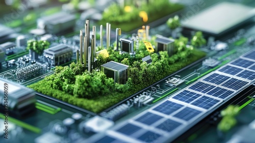 Green Technology Development on Circuit Board with Solar Panels and Urban Landscape in Futuristic Environment